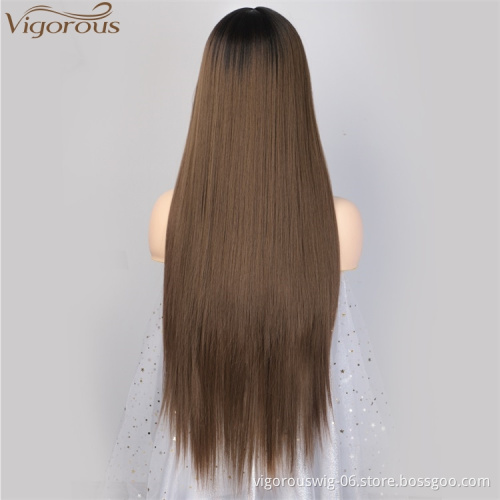 Vigorous Long Ombre Brown Wig Silky Straight Hair Wigs with Bangs Synthetic Hair Full Wigs for Women (Brown Straight with Bangs)